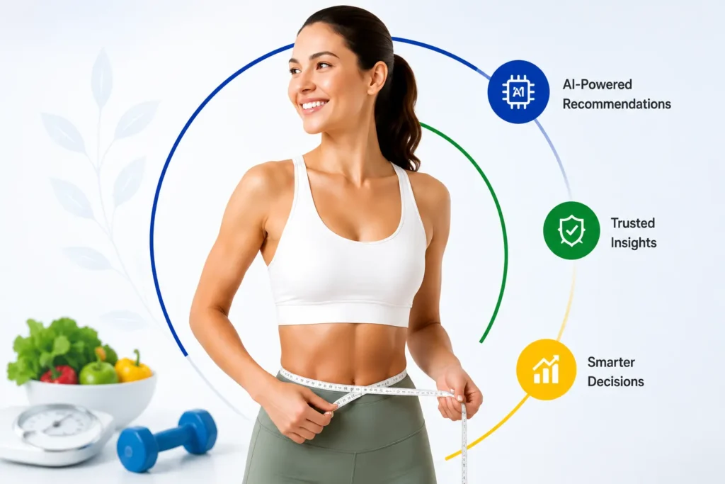 Healthy woman measuring waist with AI-powered recommendations, trusted insights, and smarter decision tools representing Shree AnantX, a global consumer intelligence platform for weight management and wellness solutions.